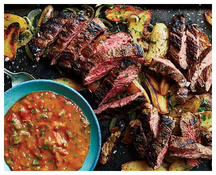 Skirt Steak with Roasted Tomato Chimichurri and Potatoes