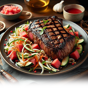 Ribeye with Jicama and Grilled Watermelon Slaw