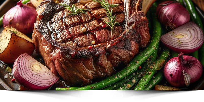 Cowboy Ribeyes with Steamed Guinness French Onion Green Beans