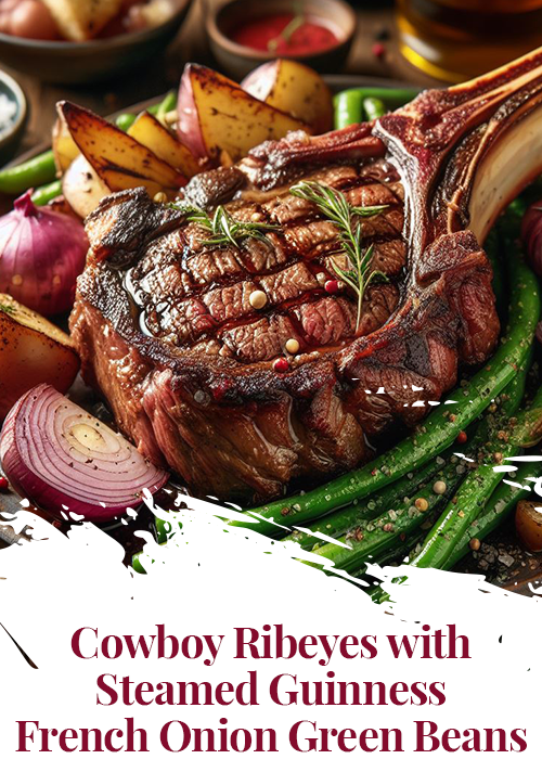 Cowboy Ribeyes with Steamed Guinness French Onion Green Beans